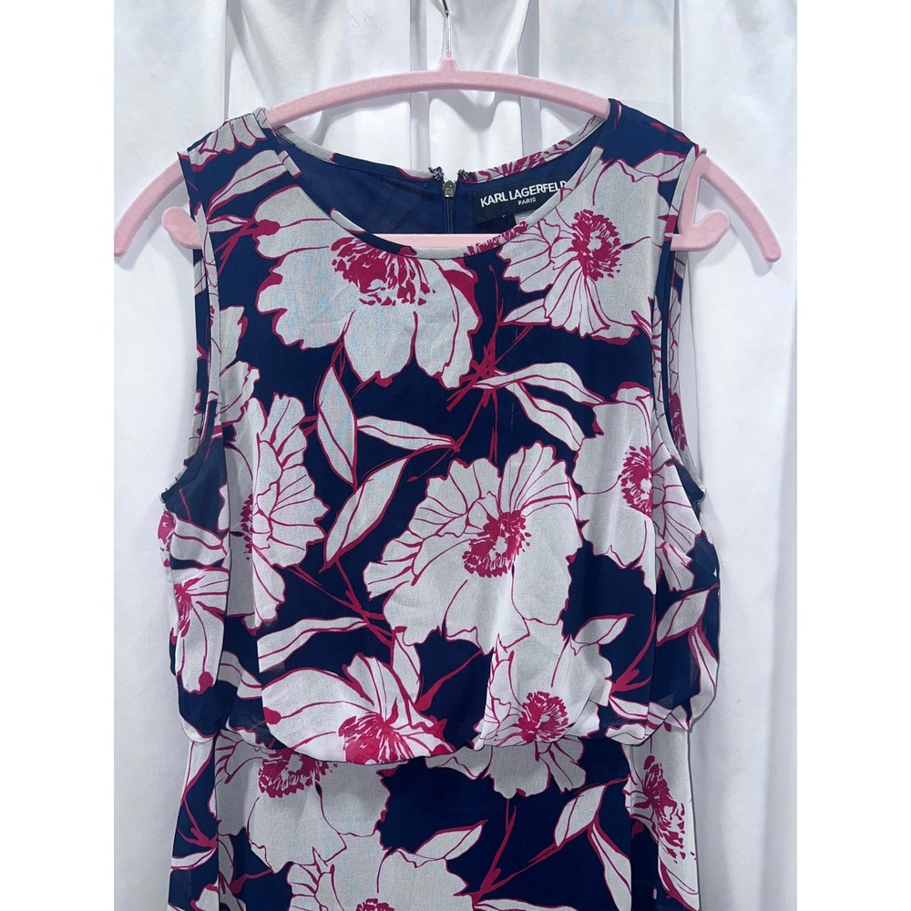 Karl Lagerfeld Paris Womens Floral Chiffon Maxi Dress Navy Pink 8 Wedding Guest - Picture 3 of 7